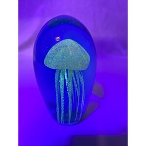 Vintage Glow In The Dark Art Blue Glass Jelly Fish LARGE Paperweight 5.5" Tall